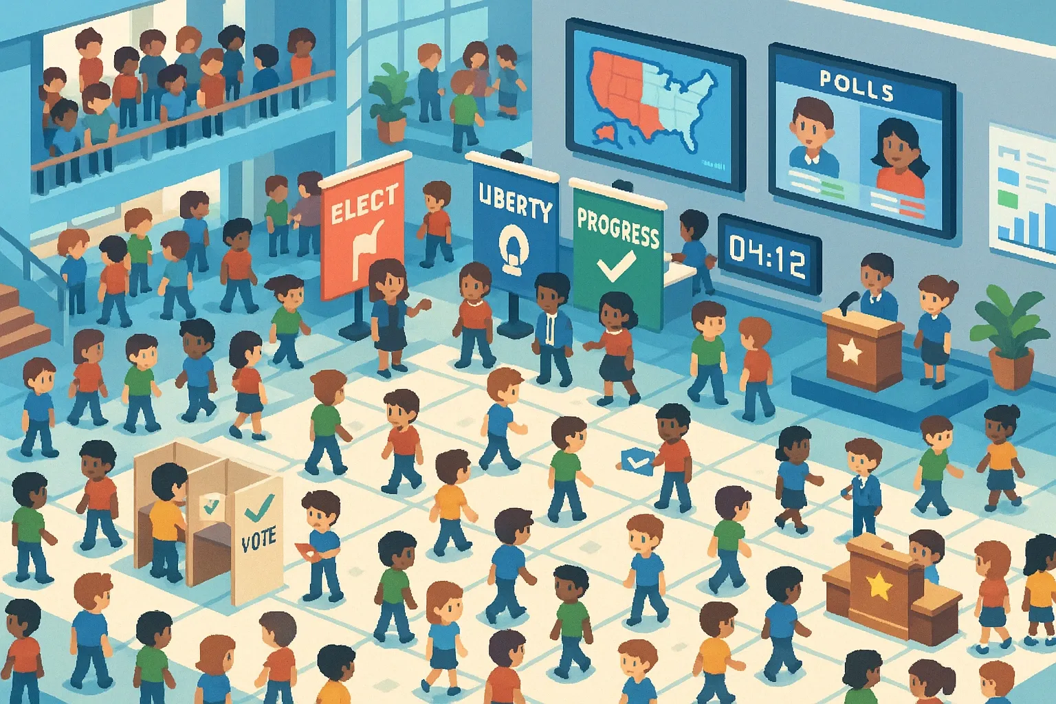 Pixel-art scene of diverse students in a school auditorium voting, campaigning, and giving speeches in a civic-themed event.