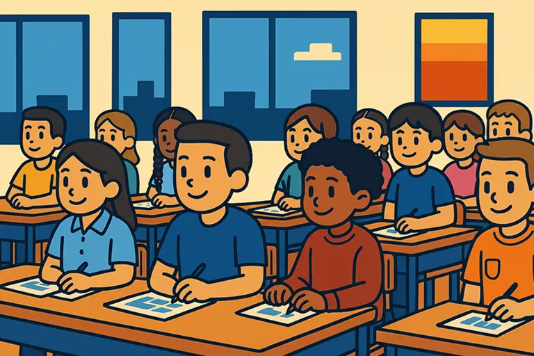 Students in a bright classroom with sunlight through windows, raising hands and talking