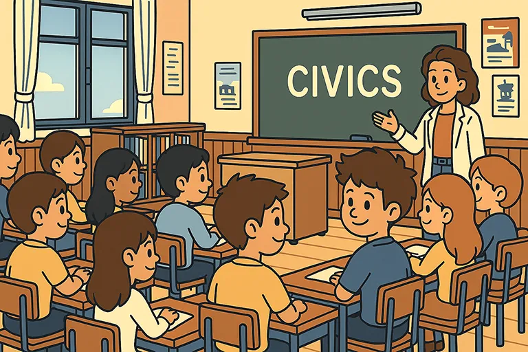 Teacher guiding a small group of students in a classroom, with a game flow diagram on the board